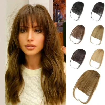 Afbeelding van Clip in Pony 100% Echt Menselijk Haar Hair Extensions Op Air Met Tempel Wispy Gebogen Voor Vrouwen Dagelijks Dragen (Donkerbruin, Franse Pony)
