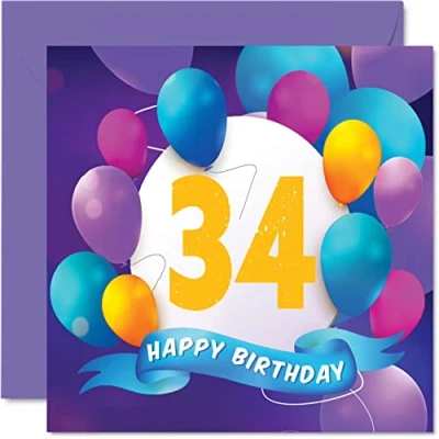Afbeelding van 34e verjaardagskaart voor mannen vrouwen ballonfeest gelukkige verjaardagskaarten 34 jaar oude man vrouw broer zus mama papa tante oom beste vriend neef, 145 mm x verjaardag wenskaarten cadeau