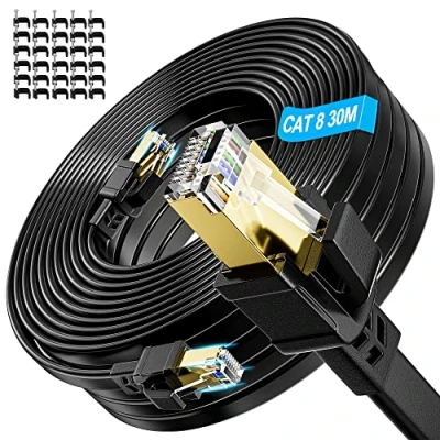 Afbeelding van LAN kabel plat 30m Cat 8, netwerkkabel 30 meter 8 ethernetkabel hoge snelheid 40 Gbps 2000 MHzl Gigabit FTP afscherming RJ45 zwart internetkabel lange patch met kabelclips