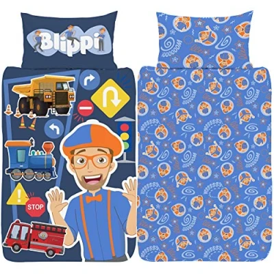 Afbeelding van Blippi Eenpersoons dekbedovertrek Officiële omkeerbare beddengoedset Polycotton Youtuber Tractor Song Design