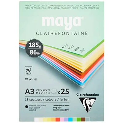 Afbeelding van Clairefontaine 975335C tekenpapier Maya, 25 vellen, 29,7 x 42 cm, 185 g, gesorteerde pastelkleuren (2 faux 12 kleuren + 1 blank)