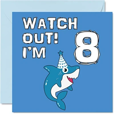 Afbeelding van 8e verjaardagskaart jongen haai kijk uit Happy Birthday Card 8 jaar oude jongen, jongenskaarten voor hem, 145 mm x wenskaart zoon broer kleinzoon neef god achtste verjaardag