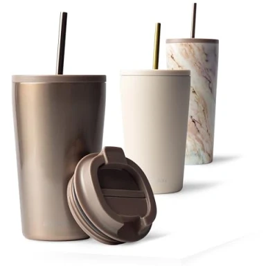 Afbeelding van MAMEIDO Thermosbeker 470ml Rosé Quartz drinkbeker met rietje &amp; flip top deksel gemaakt van roestvrij staal dubbelwandig geïsoleerd