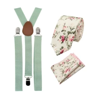 Afbeelding van Luxe katoenen vlinderdas en pochet bretelset voor heren, Crème bloemen stropdas &amp; eucalyptus bretels, Tie Length: 147cm. Pocket Square: 23cm x