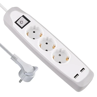 Afbeelding van Elektritaline 62153 Gummy Line stekkerdoos, 3 voudig met schakelaar + 2 USB 2,1 A, kabel m/meervoudige stekkerdoos extra platte stekker, grijs