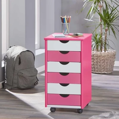 Afbeelding van Inter Link rolcontainer met 6 laden kantoorcontainer rolkast trolley ladekast massief grenenhout roze/wit BxDxH: 35x39x66 cm