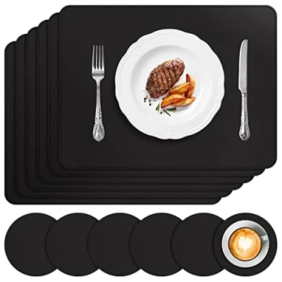 Afbeelding van APLKER Placemat, leer, 6 delige set, kunstleer, afwasbaar, hittebestendig, dubbelzijdig, waterdicht, lederlook met onderzetter, antislip, 41 x 31 cm, zwart