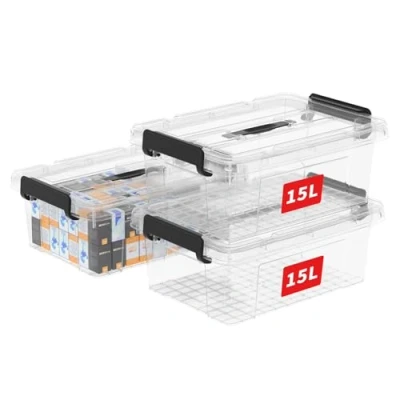 Afbeelding van Cetomo 15L*3 Plastic Opbergdoos, Draagdoos, Organiserende Container met Duurzaam Deksel en Veilige Sluitende Gespen, Stapelbaar Nestbaar, 3Pack, duidelijk Zwarte Gesp