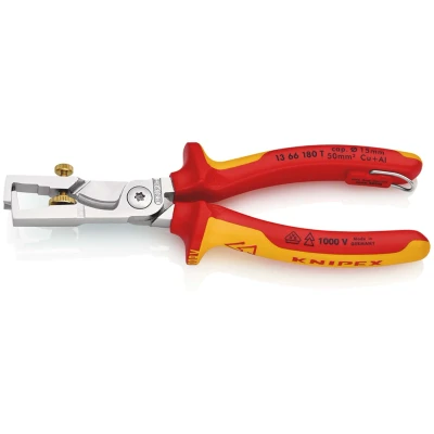 Afbeelding van Knipex StriX Striptangen met kabelschaar verchroomd, geïsoleerd VDE gekeurd, bevestigingshaak om een valbeveiliging aan te brengen 180 mm (zelfbedieningskaart/blister) 13 66 T BK