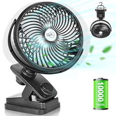 Afbeelding van Oscillatie tafelventilator, 10.000 mAh, mini ventilator, traploze snelheid, stille clipventilator met ledlicht, draagbare hanghaak, campingventilator, 100 uur, oplaadbare USB Ø 18 cm