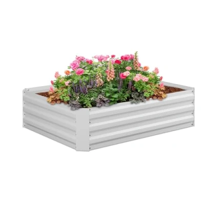 Afbeelding van Relaxdays moestuinbak, verzinkt metaal, voor bloemen, planten &amp; groente, HBD: 30x120x90 cm, plantenbak rechthoek, wit