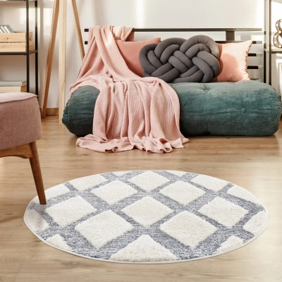 Afbeelding van Vloerkleed Focus Celta Hoogpolig Fluffy Scandinavisch Grijs Creme 120 cm rond Tapijtenloods