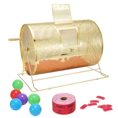 Afbeelding van VEVOR Loterijtrommel, geschikt voor 10000 tickets of 300 pingpongballen, metalen loterij draaiende tekening met houten draaikoppeling, 14,8 x Ø21,66 cm messing vergulde ticket kooi,