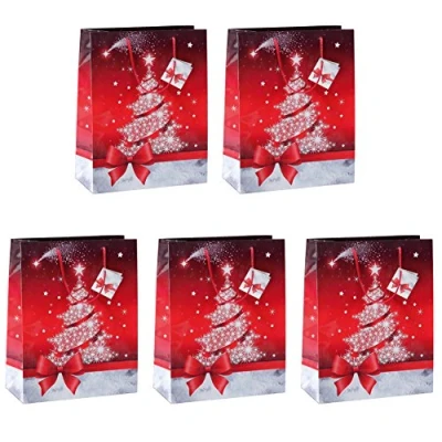 Afbeelding van SIGEL GT022 grote papieren geschenkzakjes 33 x 26 cm 5 delige set rood Kerstmis &quot;Sparkling Tree&quot;
