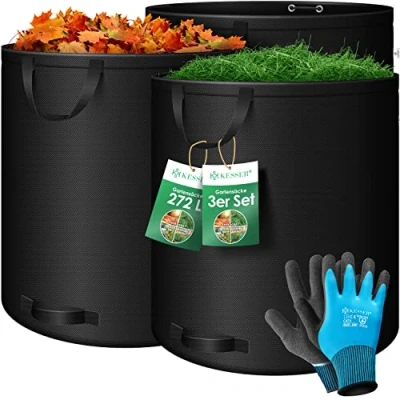 Afbeelding van KESSER® Tuinzak, 3 x 272 l, set bladzak, tuinafvalzak incl. handschoenen, zelfstaand, 4 handgrepen, stabiel, robuust en opvouwbaar, voor tuinafval, groen, zwart