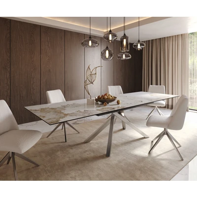 Afbeelding van DELIFE Eetkamertafel Edge 200 300x100 keramiek Minas Melange wit beige kruisframe rechthoek RVS uitschuifbaar