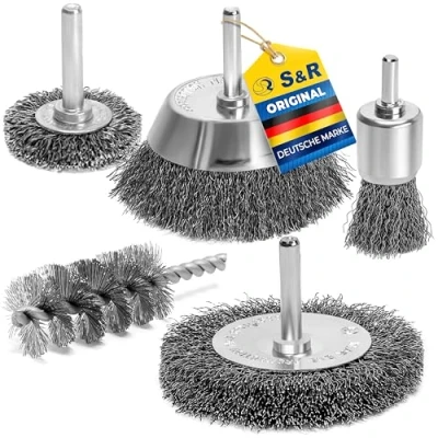 Afbeelding van S&amp;R draadborstelset 5 stuks voor boormachine, geplooide staaldraad ronde as 6mm verwijderen en polijsten; In set: schijf, beker, borstel cilinderstaalborstel