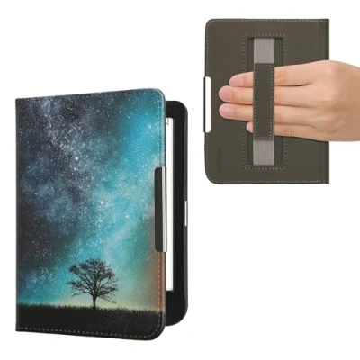Afbeelding van kwmobile E reader hoesje geschikt voor Kobo Clara BW / Colour hoes flip case met magneetsluiting Ereader cover Sterrenstelsel en Boom design in blauw grijs zwart