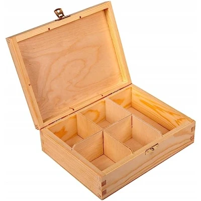 Afbeelding van Wooden World Houten Theedoos organizer met scheidingswand voor 5 afzonderlijke theesoorten Doos ambachtelijke decoupage pyrografie
