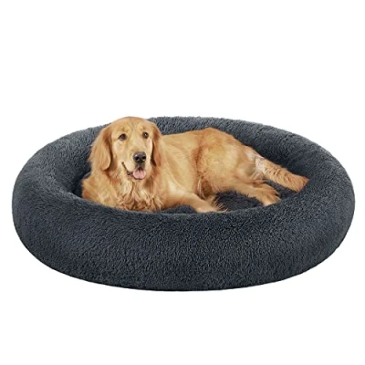 Afbeelding van Feandrea donzig hondenbed, kattenmand, donutkussen, wasbaar, uitneembare middenvulling, lang pluche, 120 cm diameter, donkergrijs PGW043G02