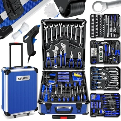 Afbeelding van MASKO® Gereedschapskoffer, 969 delig, gevuld, gereedschapsset in aluminium koffer, gereedschapskist met wieltjes, gereedschapskist, huishouden, hobby, auto, trolleyfunctie, professionele