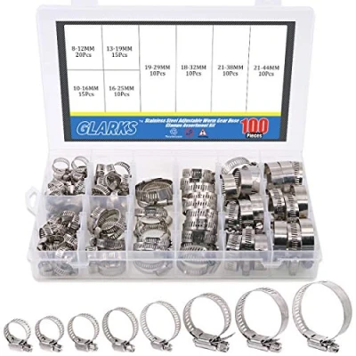 Afbeelding van Glarks 100 stuks verstelbare 8 44 mm bereik 304 roestvrijstalen wormwielslangklemmen assortimentskit, brandstofleidingklem voor waterpijp, sanitair, automotive en mechanische toepassing (slangklemkit)