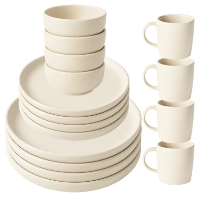 Afbeelding van Cheqo® Serviesset 4 Persoons Dinnerset Dinerset Servies Set Bordenset met Ontbijtborden Dinerborden Kommen Mokken 16 delig Elegant Wit Creme Beige Voor Personen