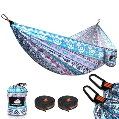 Afbeelding van NATUREFUN Ultralichte campinghangmat voor op reis, draagkracht 300 kg (275 x 140 cm), sneldrogend, anti rimpel, 2 premium karabijnhaken, nylon lussen inbegrepen