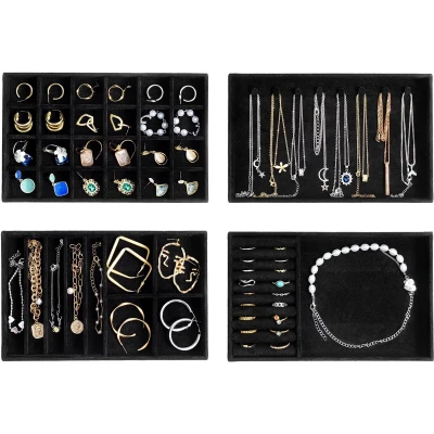 Afbeelding van ProCase Sieradenlade Organizerset met 4 Sieradenladen, Stapelbare Organizer, Sieradeninzetstuk Sieradenopslag voor Kettingen, Armbanden, Oorbellen, Ringen, Horloges Volledig Zwart