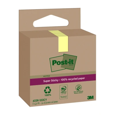 Afbeelding van Post it Super Sticky Notes Recycled, 70 Vel, Ft 47,6 X Mm, Geel, Pak Van 3 Blokken Memoblok