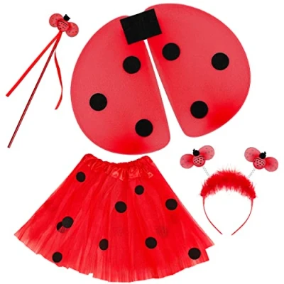 Afbeelding van Balinco Lieveheersbeestje Kostuum Set, Haarband + Tutu Rok Vleugels &amp; Toverstok, Rood Zwart Gestippeld, Party Outfit, Verjaardagskostuum, Carnaval, Halloween