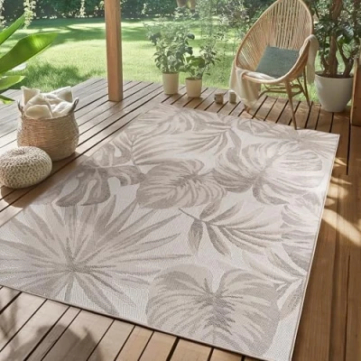 Afbeelding van SIMPEX Buiten Vloerkleed beige 280x370 cm, weerbestendig en UV bestendig, ideaal voor de keuken, balkon, terras, evenals woonkamer eetkamer, Palmbladeren design