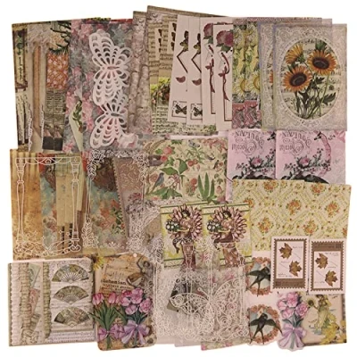 Afbeelding van Vintage scrapbooking papier, scrapbookstickers, washi stickers, decoratiepapier, accessoires, retro knutselpapier voor junk, journal, bullet journaling, kunst, esthetische planten, bloemenstickers