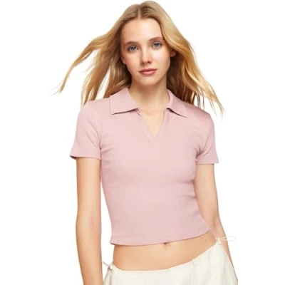 Afbeelding van Trendyol Fuchsia Getailleerde Cropped Polohals Geribde Stretch Gebreide Blouse Twoss21Bz0038