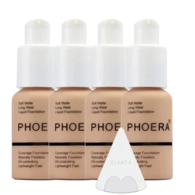 Afbeelding van Glamza Phoera foundation make up set met volledige dekking 24 uurs langdurige oliebestrijding zachte gladde matte vlekkeloze concealer crème Inc x4 30ml en siliconen blender spons (104 buff beige)