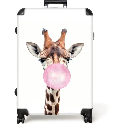 Afbeelding van NoBoringSuitcases.com® Koffer groot Reiskoffer lichtgewicht Roze Kinderen Giraffe Kauwgom Rolkoffer met 4 wielen Grote trolley XL 98 liter bagage