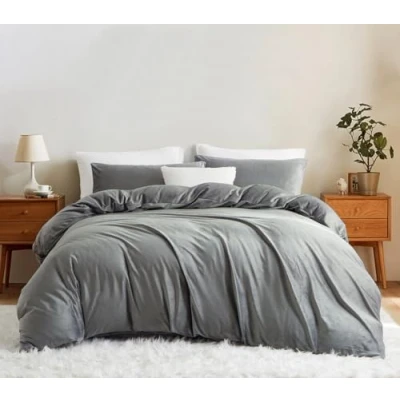 Afbeelding van Lanqinglv Flanel fleece beddengoed, 135 x 200 cm, grijs, pluche, wollig, winterbeddengoed, warme kasjmier touch, flanel, effen, dekbedovertrek met ritssluiting en kussensloop 80 cm