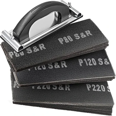 Afbeelding van S&amp;R Droogbouw schuurroosterset 30 x schuurpapier (elk 10 P80 / P120 P220) 280 93 mm + handschuurblok 240 80 mm, robuuste siliciumcarbide korrel, ideaal voor gipsplaten, hout, metaal