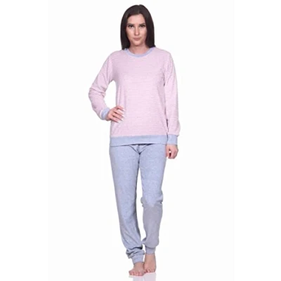 Afbeelding van RELAX by Normann Damespyjama van badstof met lange mouwen manchetten in elegante strepenlook 291 201 13 780, ringel klein roze, 52/54