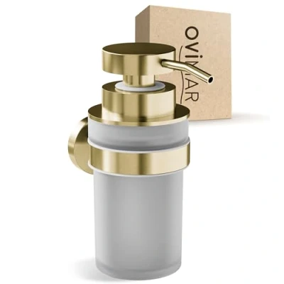Afbeelding van ovimar Akrasanden Gold Zeepdispenser, met wandmontage om te boren, van roestvrij staal en glas, extra grote opening, gemakkelijk navulbaar, voor badkamer of keuken, desinfectiemiddeldispenser