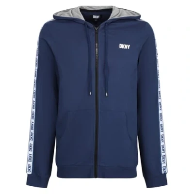 Afbeelding van DKNY Heren lange mouwen capuchon rits top in marine met merk arm detaillering 100% katoen hoodie, groot, marineblauw, S