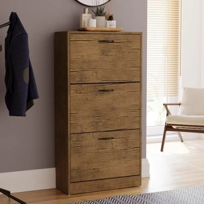 Afbeelding van Vida Designs Schoenenkast met 3 lades en kast voor schoenenopslag, organizer, houten meubeleenheid naar beneden trekken (antiek bruin)
