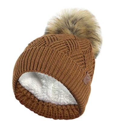 Afbeelding van RockJock Dames warme dikke diamant kabel gebreide muts met thermische teddy fleece voering en afneembare faux bont pompom, Kastanje, One size