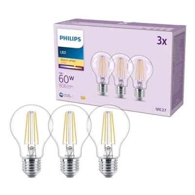 Afbeelding van Philips klassieke A60 LED lamp, 60 W, Helder, E27 fitting, Warm Wit 2700 K, 3 st.