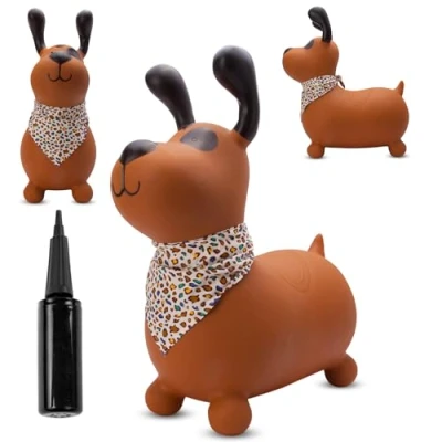 Afbeelding van Springdier met pomp 1+, springpaard, springhond, max 50kg vanaf 1 jaar, verschillende dieren en kleuren (Bruine Hond Bandana)