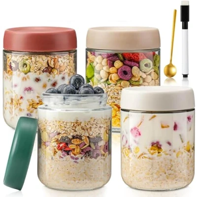 Afbeelding van QIMYGIFT Overnight havermoutpotten met deksel, 500 ml inmaakpotten schroefdeksel, maalvoorbereidingspotten voor zelfgemaakte jam, babyvoeding, inmaken, masonjaren, zuurdeeg