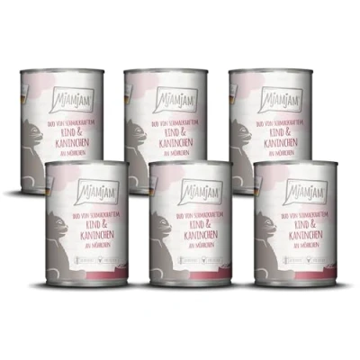 Afbeelding van MjAMjAM Premium natvoer voor katten DUO van smakelijk rundvlees &amp; konijn met worteltjes, pak 6 (6 x 400g), graanvrij extra vlees