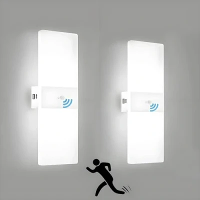 Afbeelding van 2 Stuks Wandlamp Indoor 2.8W LED Met Bewegingsdetector, 2000 Mah Batterij USB Oplaadbaar, Acryl Aluminium Wandverlichting, Moderne Hallamp, Slaapkamer Trappenhuis Woonkamer,Wit,6000K