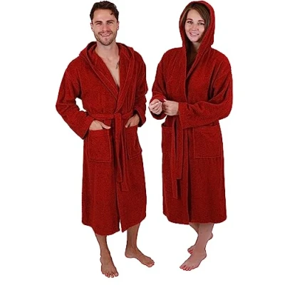 Afbeelding van Betz Katoenen badjas met capuchon voor heren en dames saunabadjas lange saunamantel FULDA, donkerrood, L XL
