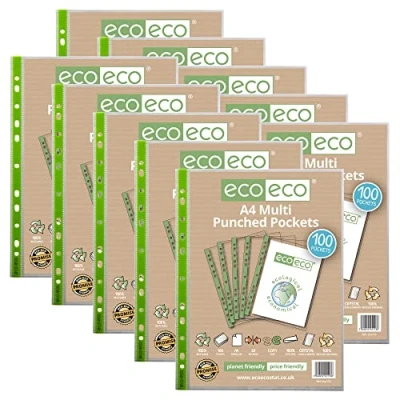 Afbeelding van eco A4 100% Gerecycleerde Premier Multi Geperforeerde Zakken Glas Duidelijke, Transparante Poly Wallet Sheet Protector, 65 Microns (10 Packs van 100), 1000 Portefeuilles eco113x10